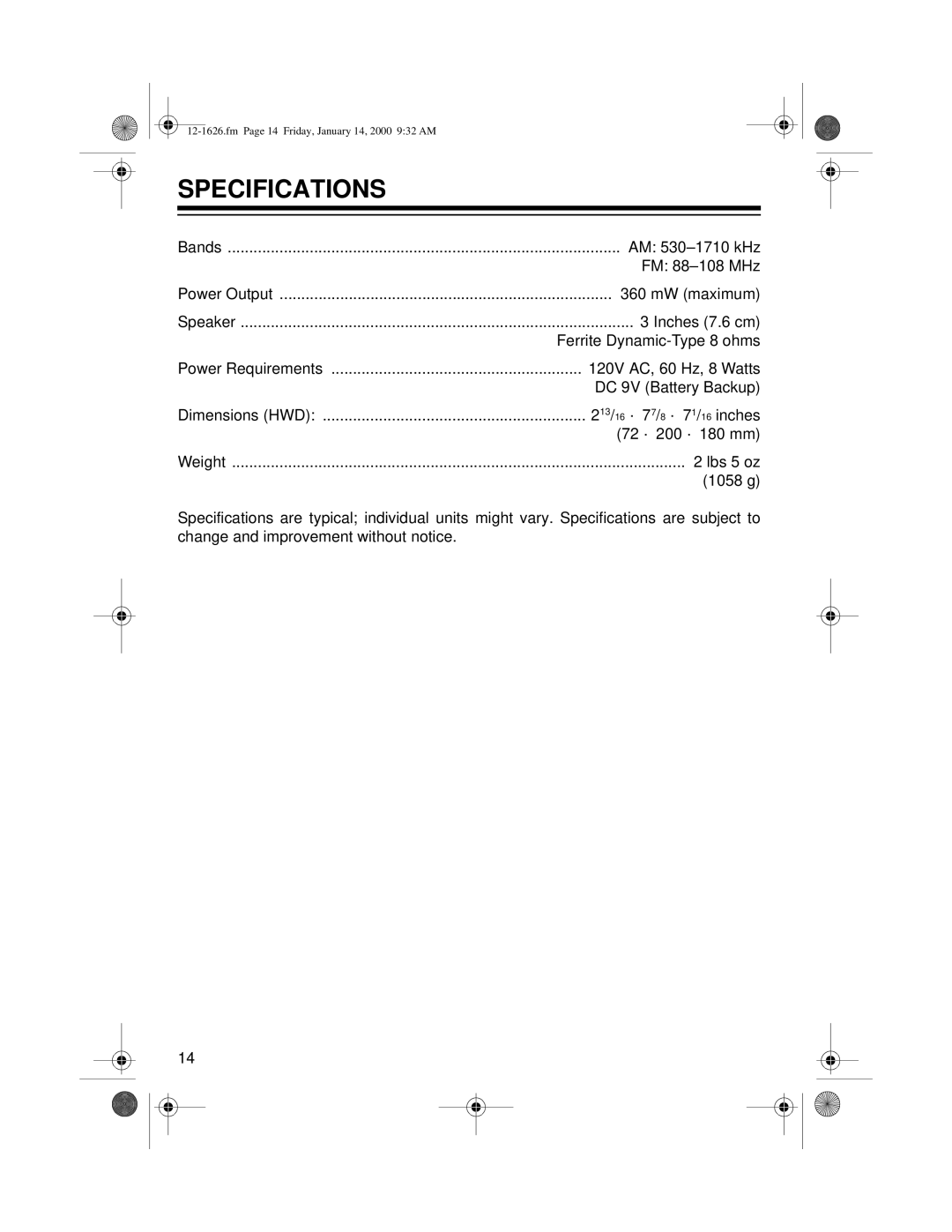 Optimus ACR-326, 12-1626 owner manual Specifications 