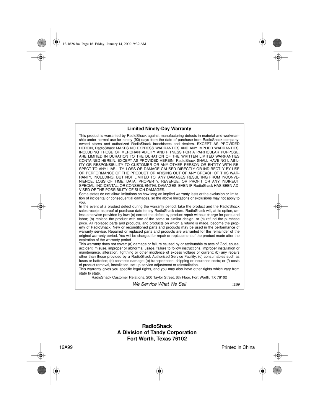 Optimus ACR-326, 12-1626 owner manual RadioShack Division of Tandy Corporation Fort Worth, Texas 