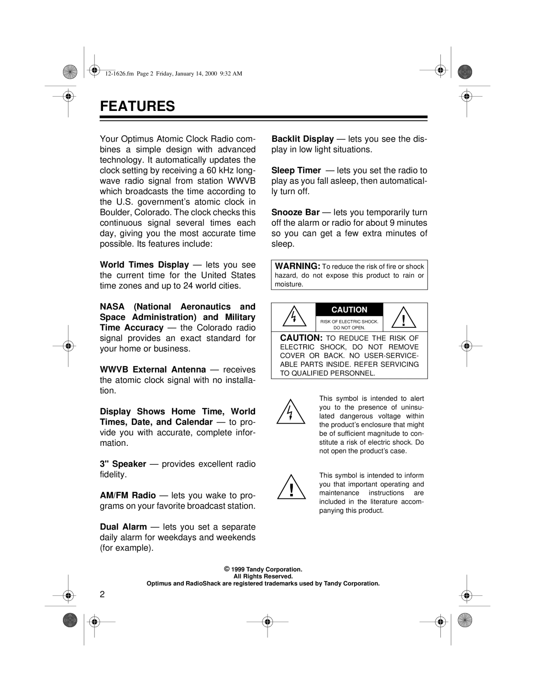 Optimus ACR-326, 12-1626 owner manual Features 