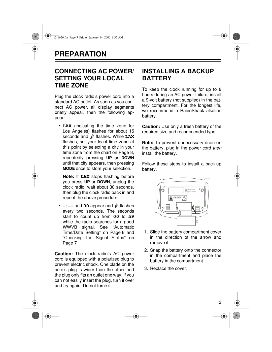 Optimus 12-1626, ACR-326 Preparation, Connecting AC POWER/ Setting Your Local Time Zone, Installing a Backup Battery 