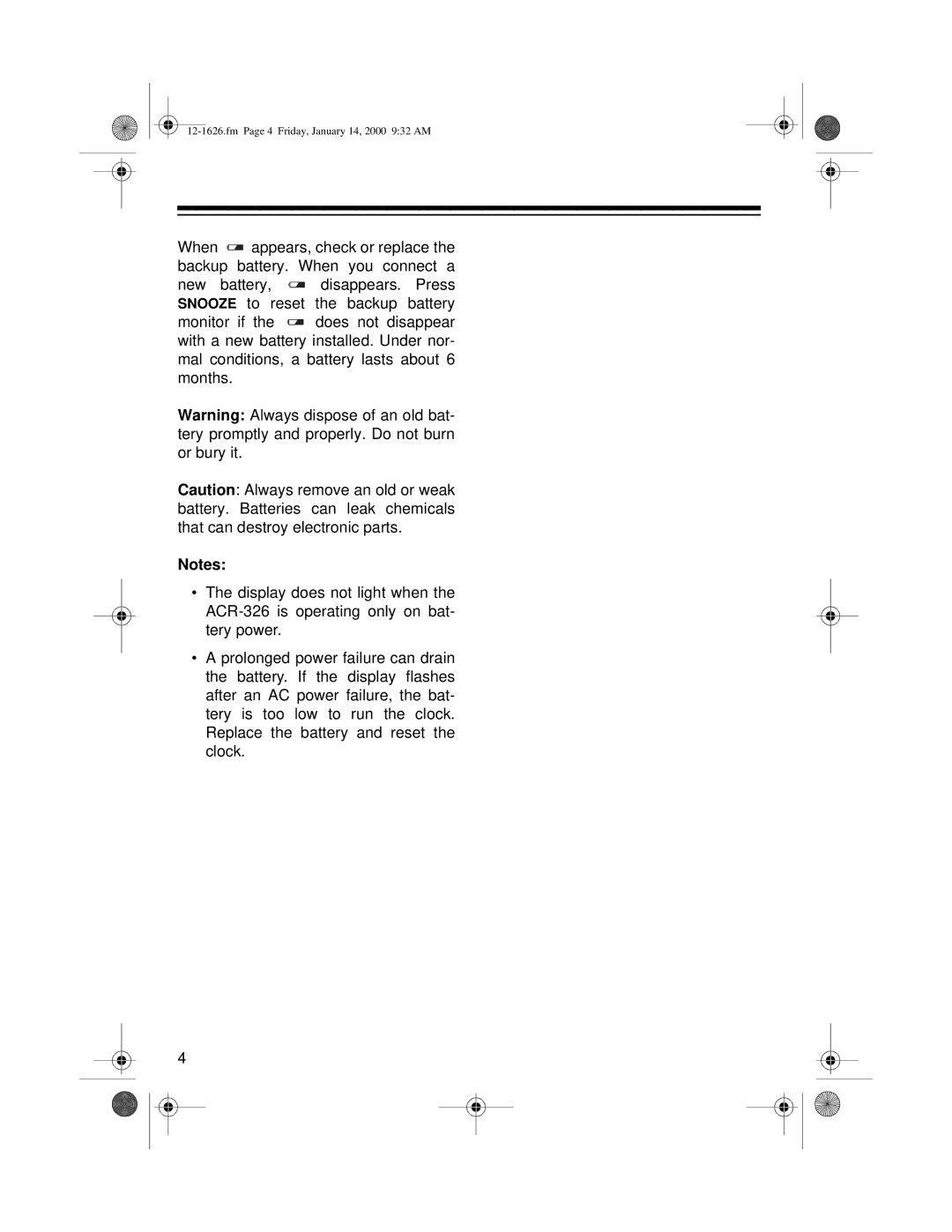 Optimus ACR-326, 12-1626 owner manual Fm Page 4 Friday, January 14, 2000 932 AM 