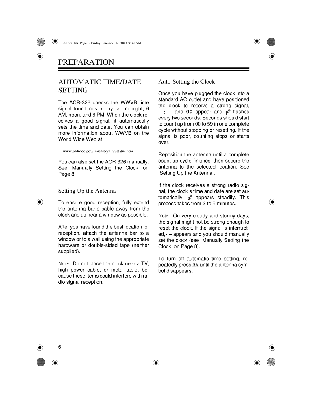 Optimus ACR-326, 12-1626 owner manual Automatic TIME/DATE Setting, Setting Up the Antenna, Auto-Setting the Clock 