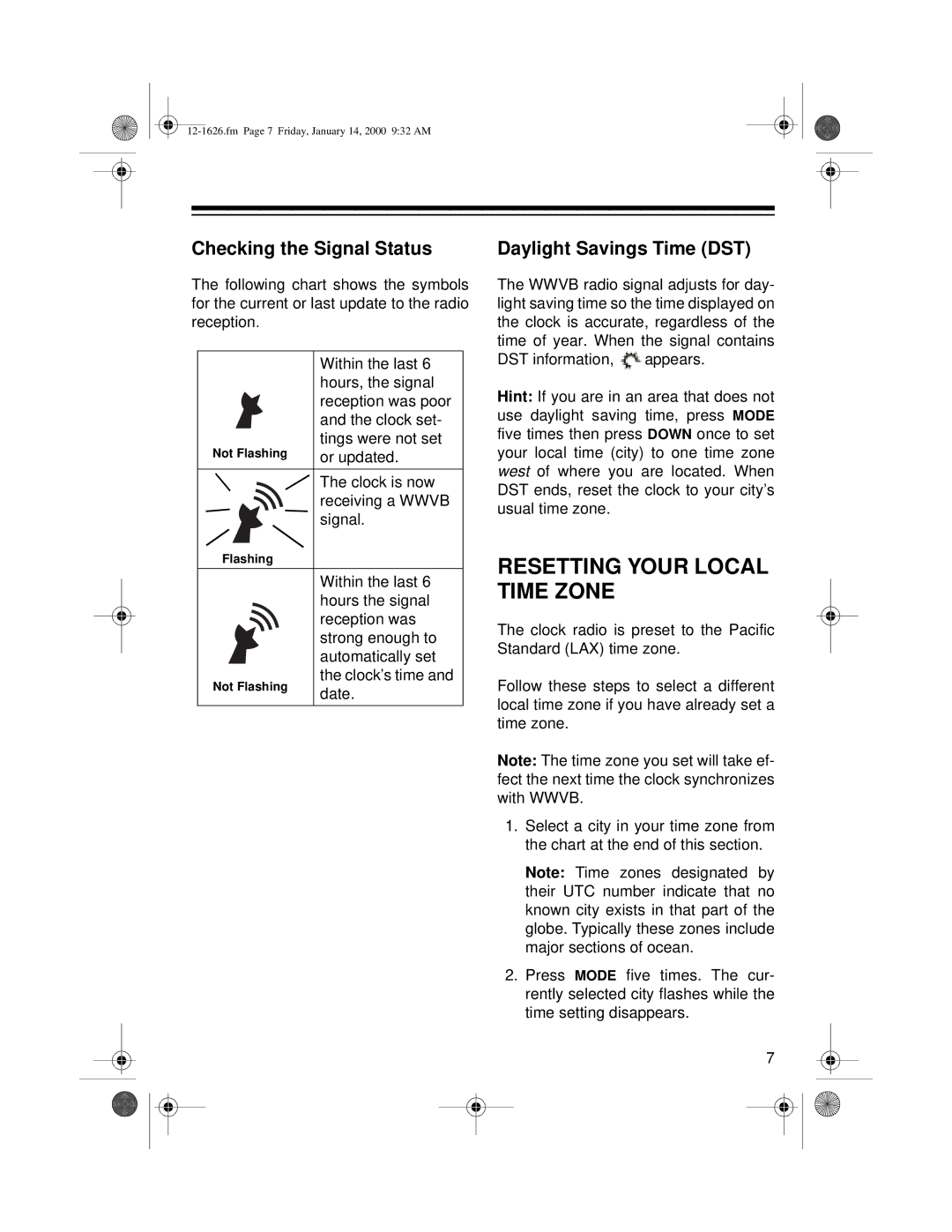 Optimus 12-1626, ACR-326 owner manual Resetting Your Local Time Zone, Checking the Signal Status, Daylight Savings Time DST 