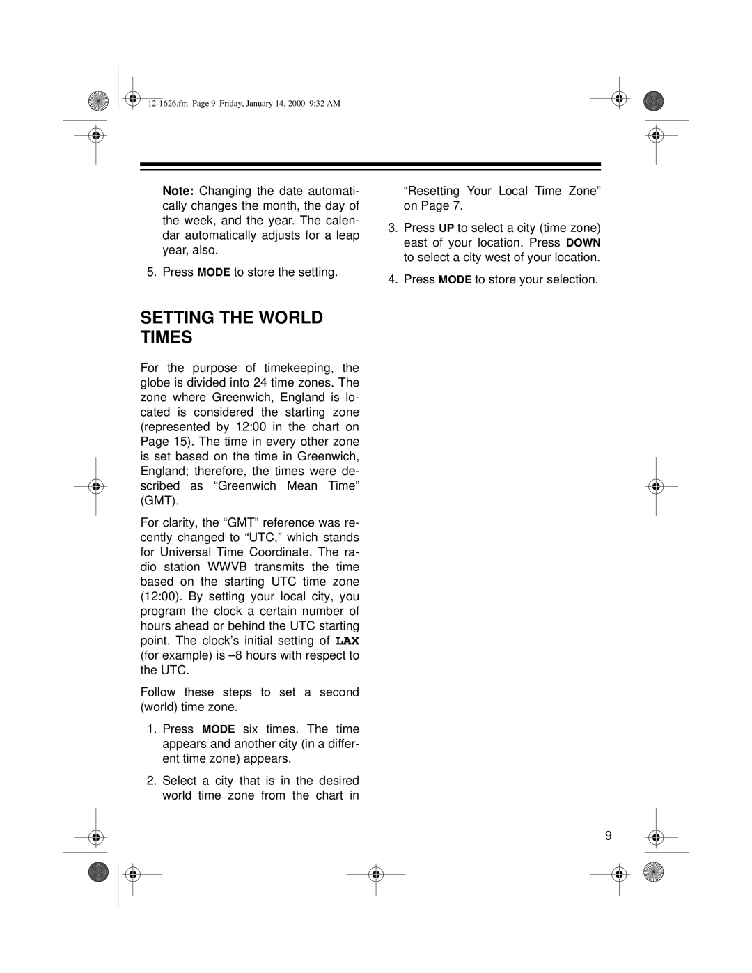 Optimus 12-1626, ACR-326 owner manual Setting the World Times 