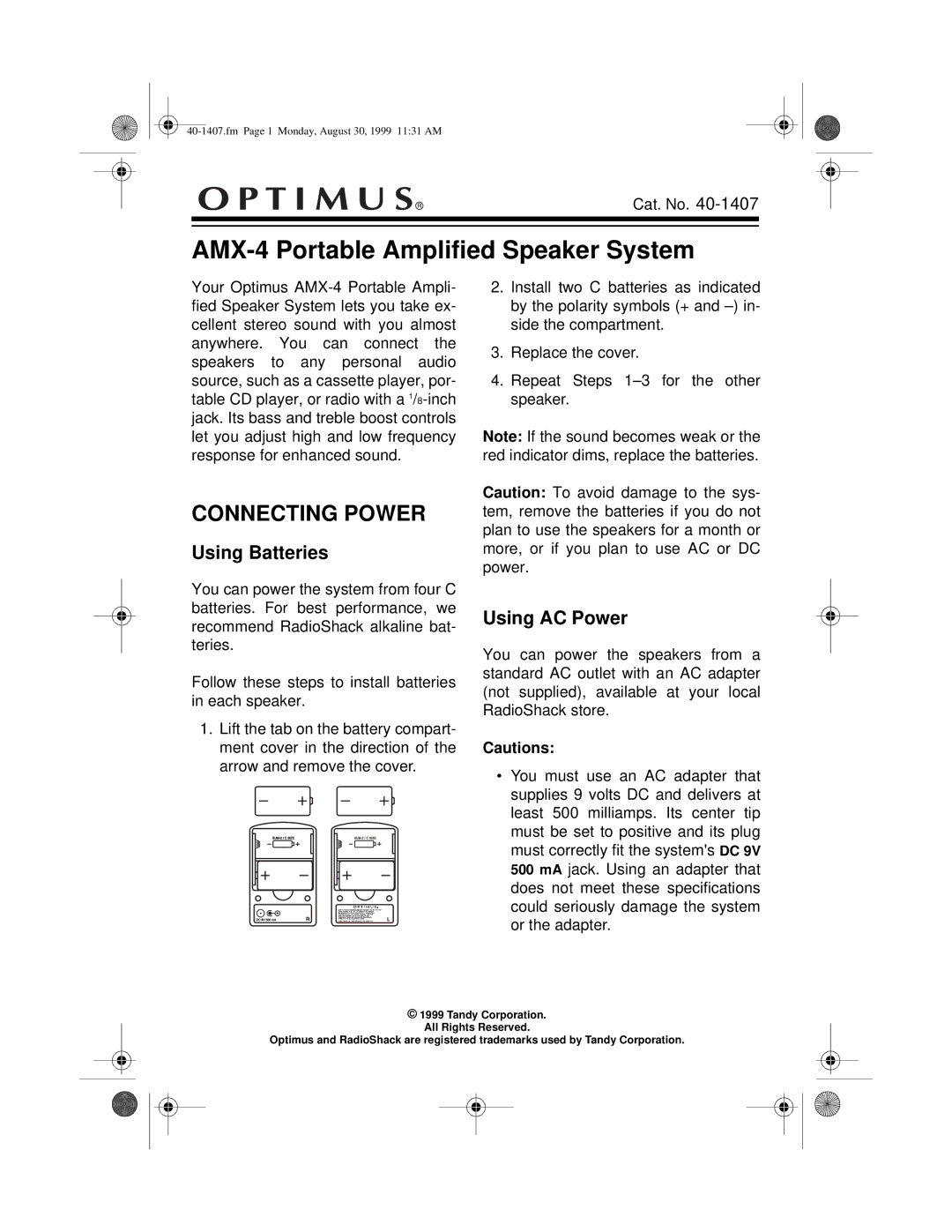 Optimus AMX-4 specifications Connecting Power, Using Batteries, Using AC Power 