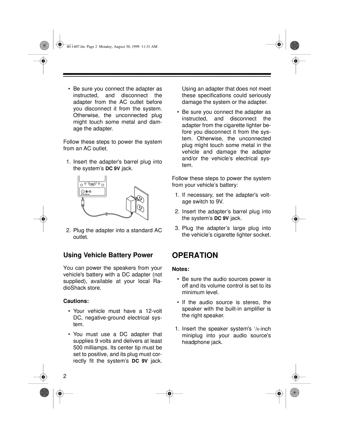 Optimus AMX-4 specifications Operation, Using Vehicle Battery Power 