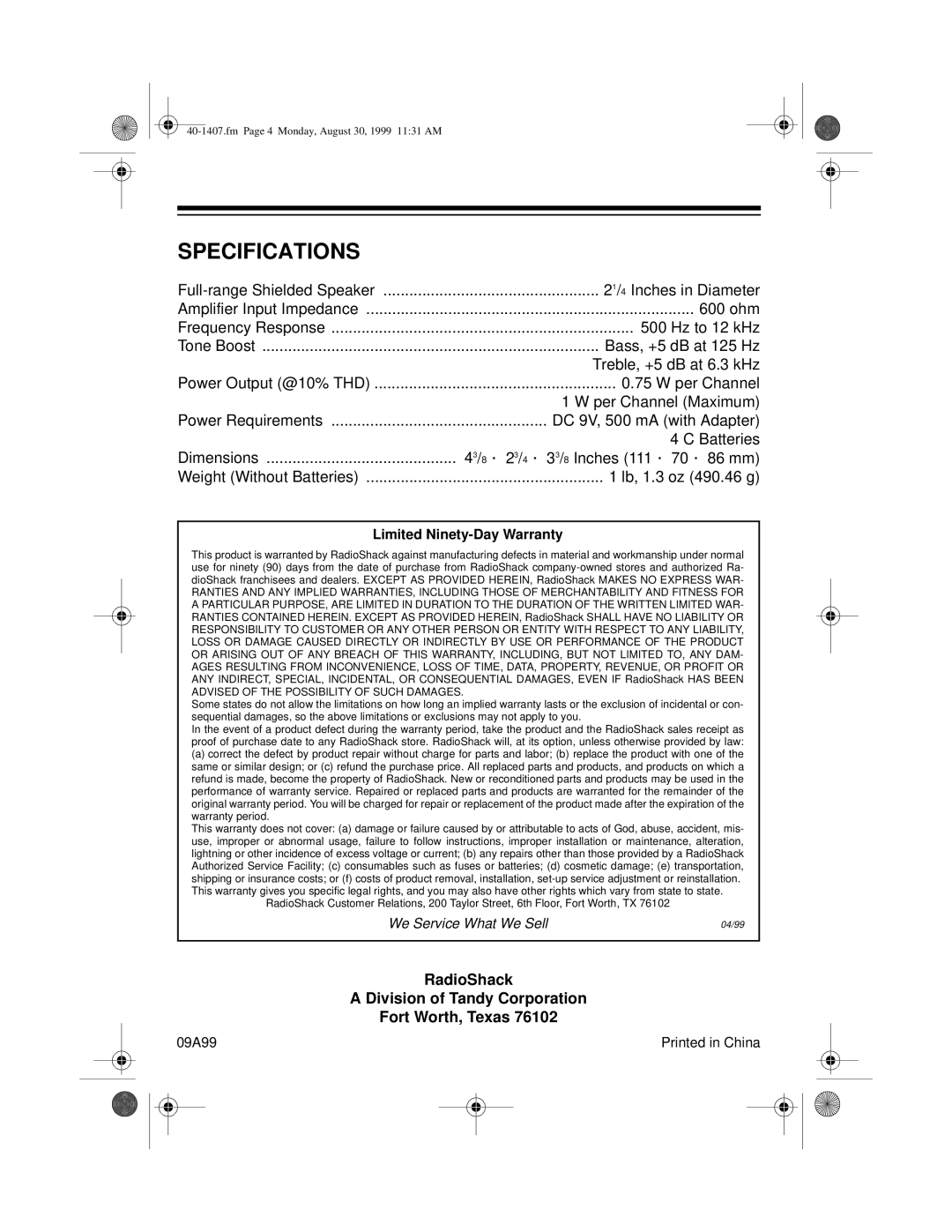 Optimus AMX-4 specifications Specifications, Lb, 1.3 oz 490.46 g 