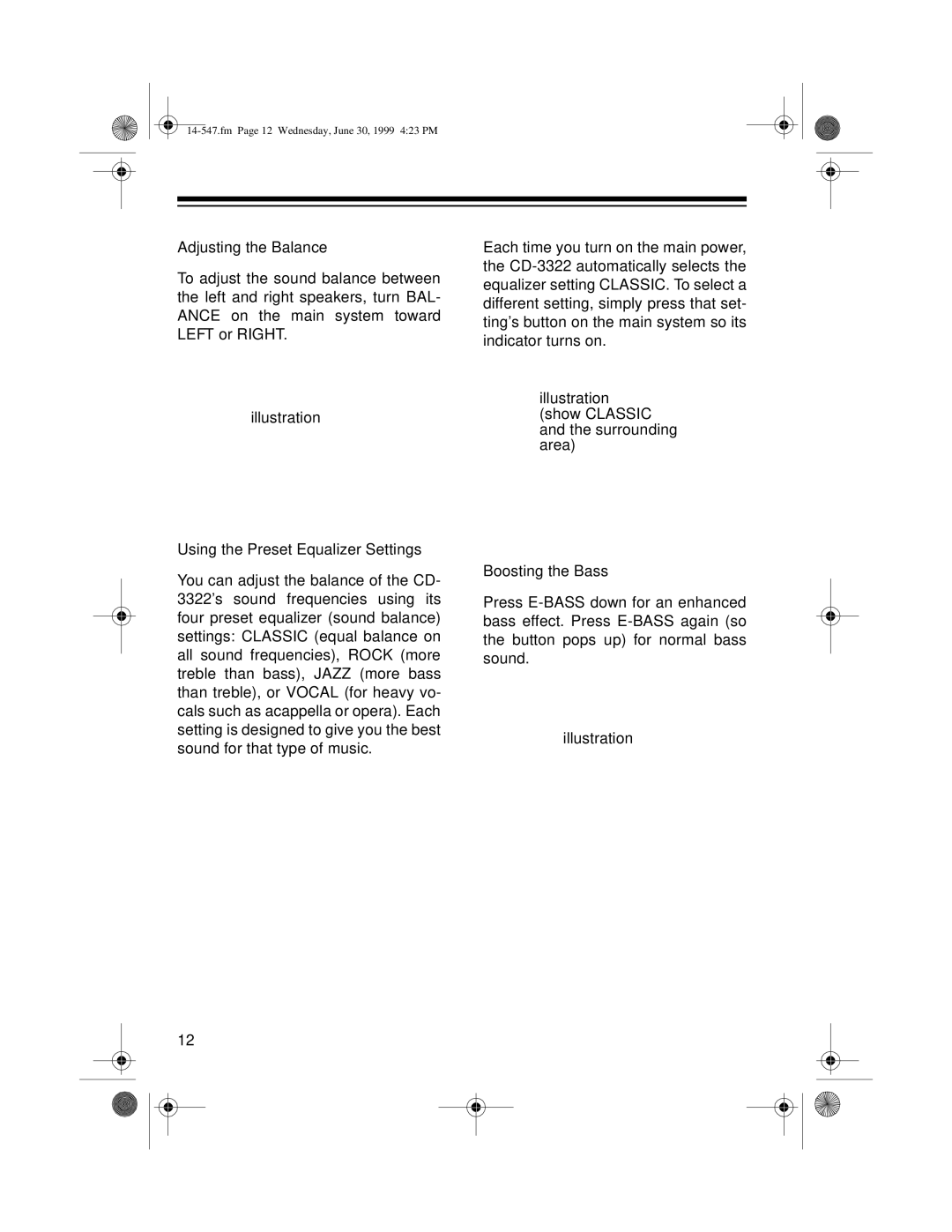 Optimus CD-3322 owner manual Fm Page 12 Wednesday, June 30, 1999 423 PM 