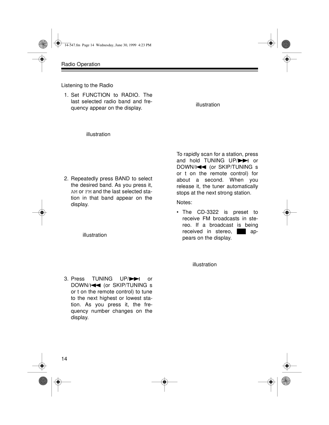 Optimus CD-3322 owner manual Fm Page 14 Wednesday, June 30, 1999 423 PM 