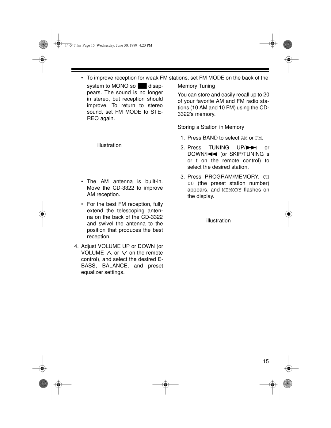 Optimus CD-3322 owner manual Fm Page 15 Wednesday, June 30, 1999 423 PM 