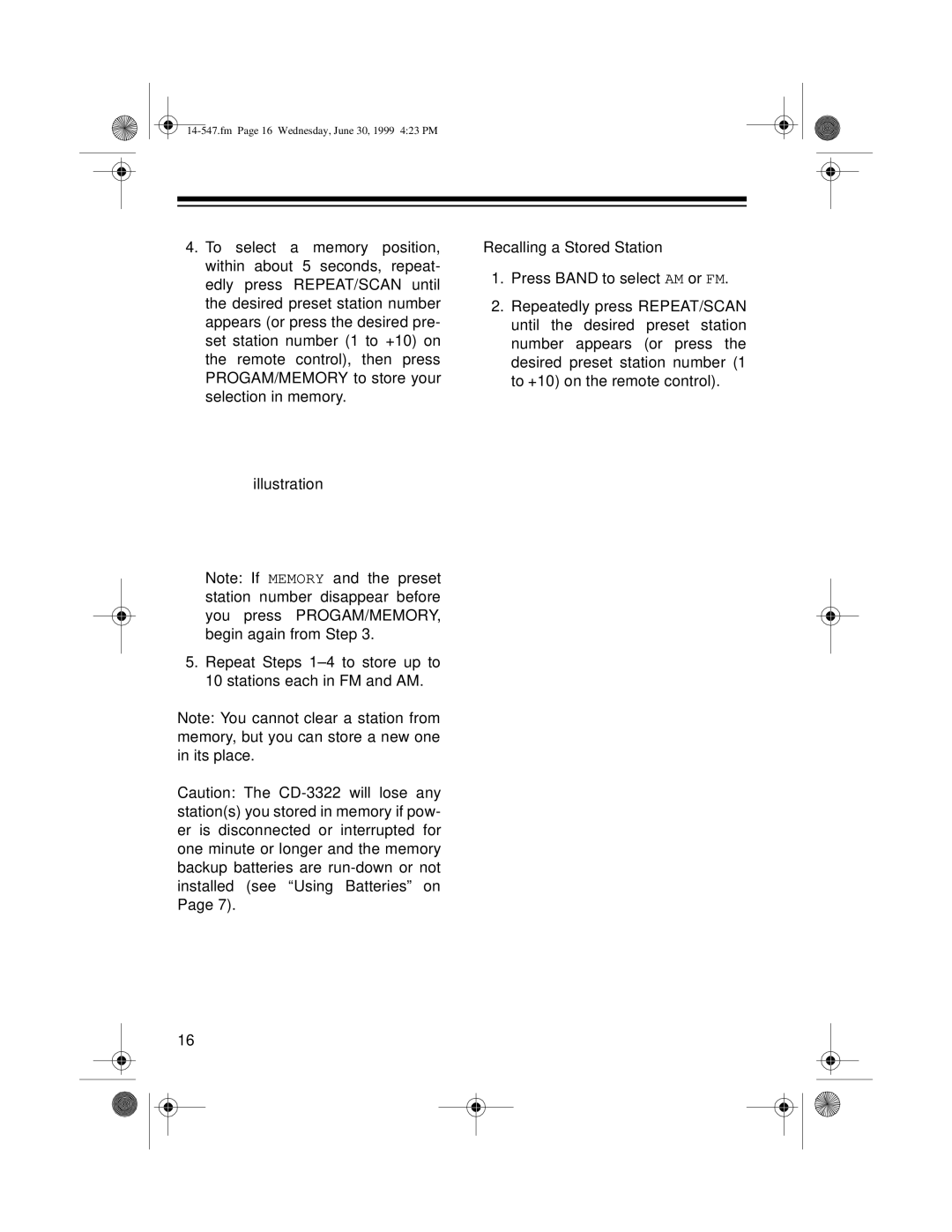 Optimus CD-3322 owner manual Fm Page 16 Wednesday, June 30, 1999 423 PM 