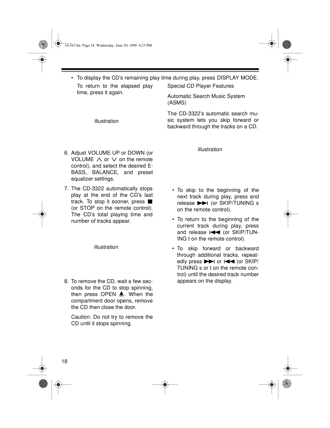 Optimus CD-3322 owner manual Fm Page 18 Wednesday, June 30, 1999 423 PM 