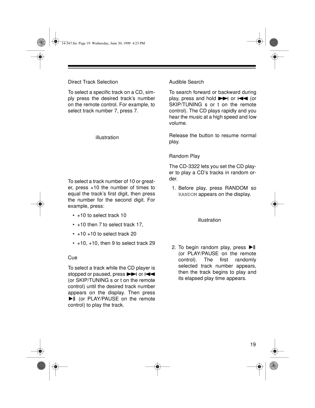 Optimus CD-3322 owner manual Fm Page 19 Wednesday, June 30, 1999 423 PM 