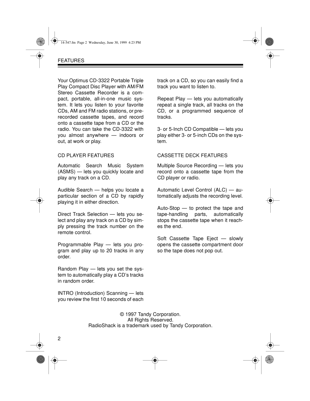 Optimus CD-3322 owner manual CD Player Features, Cassette Deck Features 