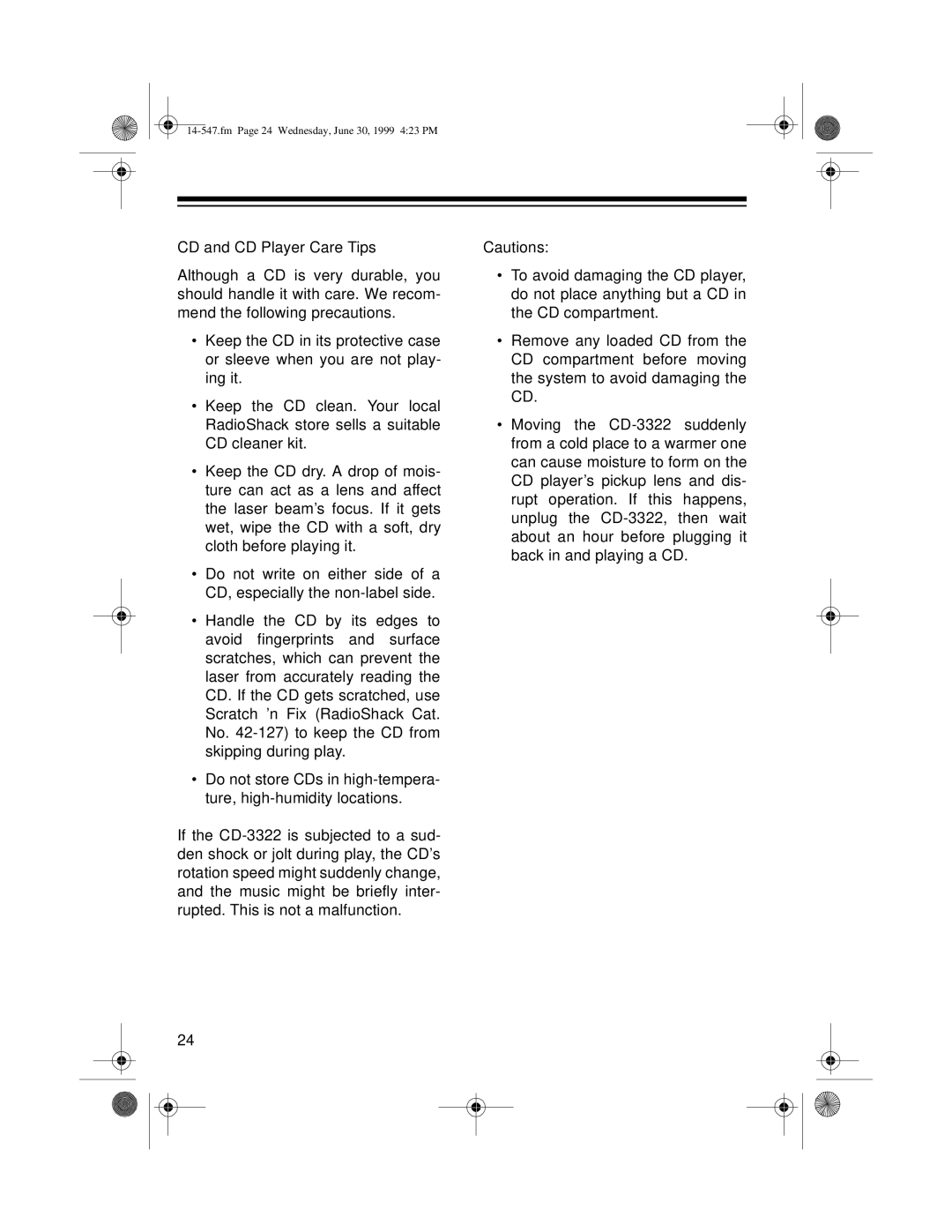 Optimus CD-3322 owner manual Fm Page 24 Wednesday, June 30, 1999 423 PM 