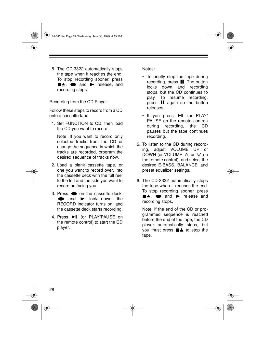 Optimus CD-3322 owner manual Fm Page 28 Wednesday, June 30, 1999 423 PM 