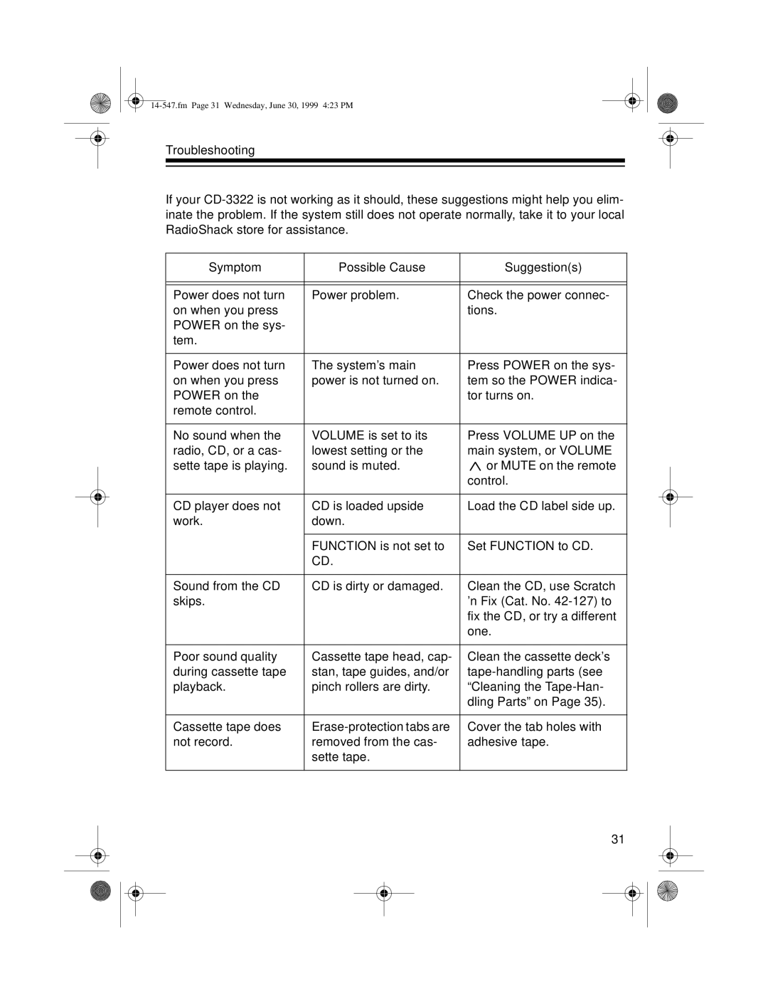 Optimus CD-3322 owner manual Fm Page 31 Wednesday, June 30, 1999 423 PM 