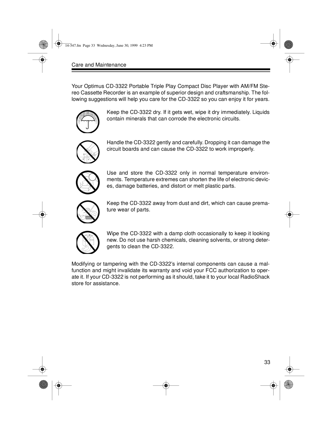 Optimus CD-3322 owner manual Fm Page 33 Wednesday, June 30, 1999 423 PM 