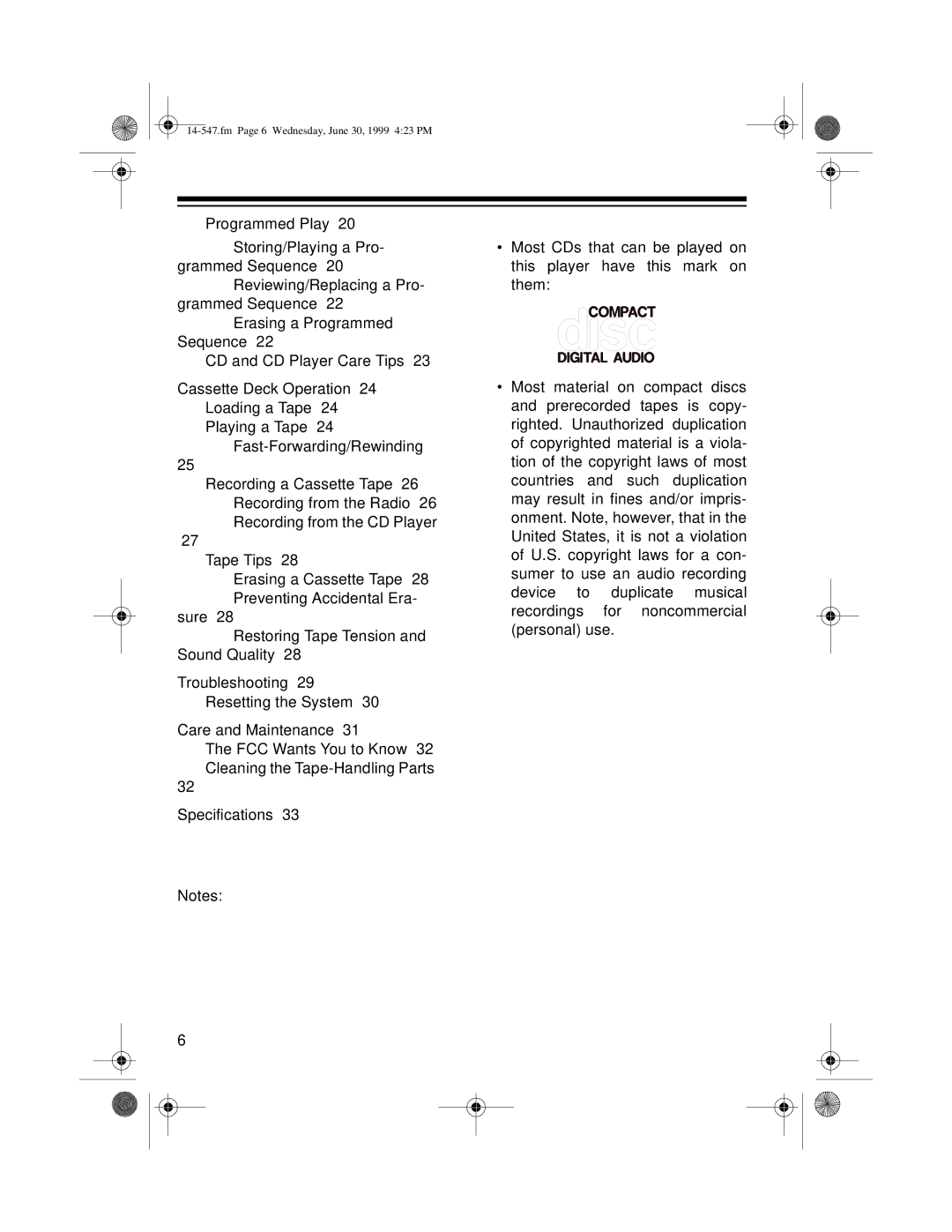 Optimus CD-3322 owner manual Fm Page 6 Wednesday, June 30, 1999 423 PM 