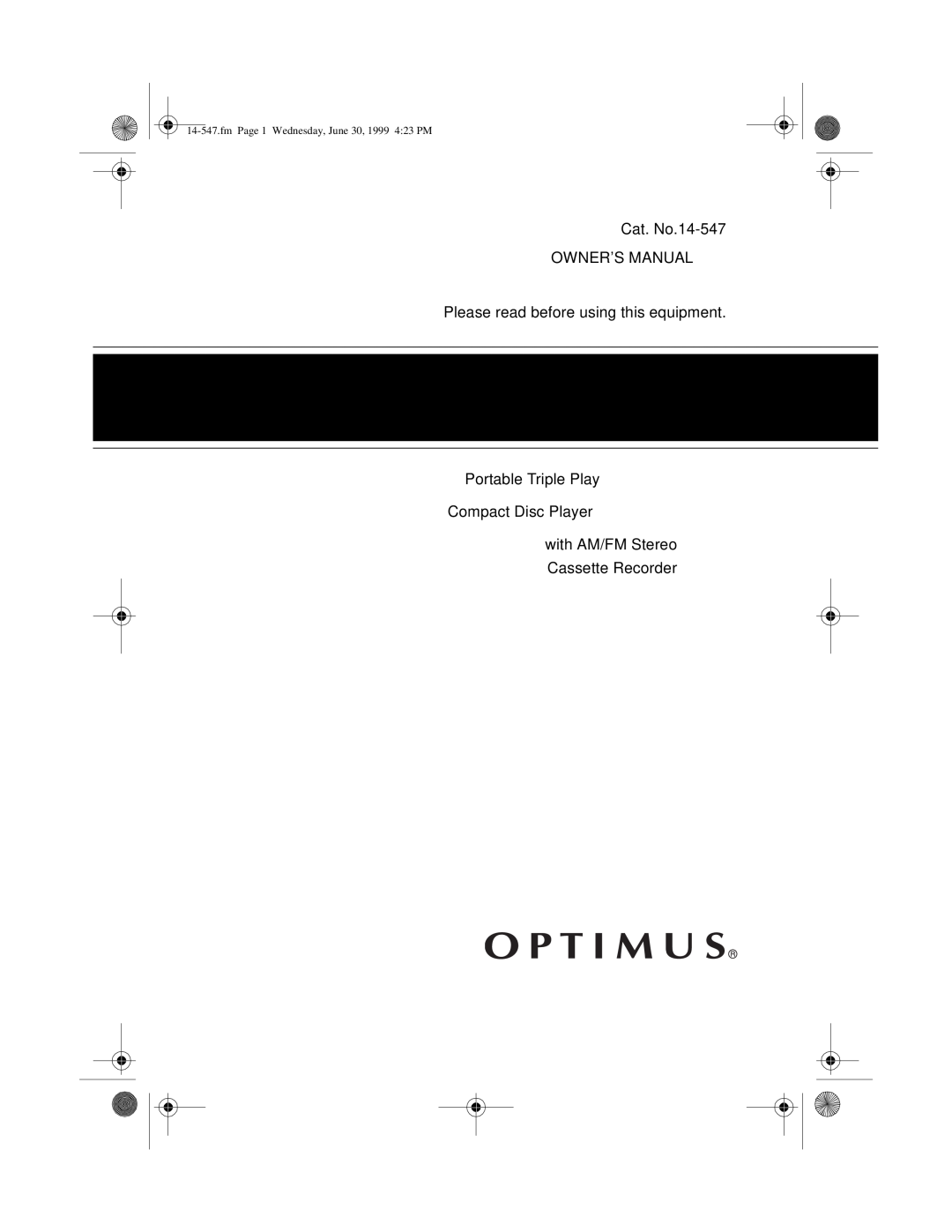 Optimus owner manual Please read before using this equipment CD-3322, Portable Triple Play Compact Disc Player 