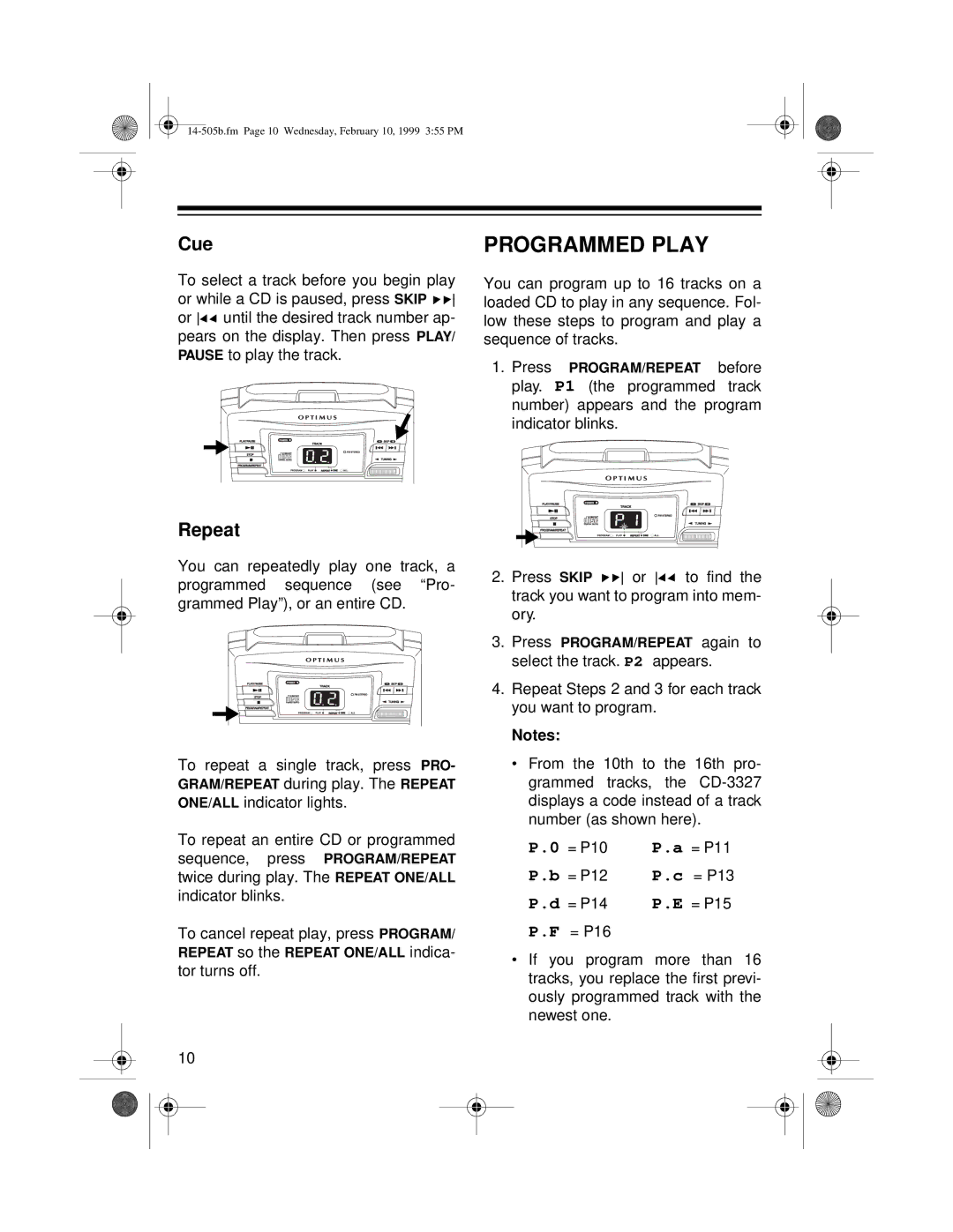 Optimus CD-3327 owner manual Programmed Play, Cue, Repeat 