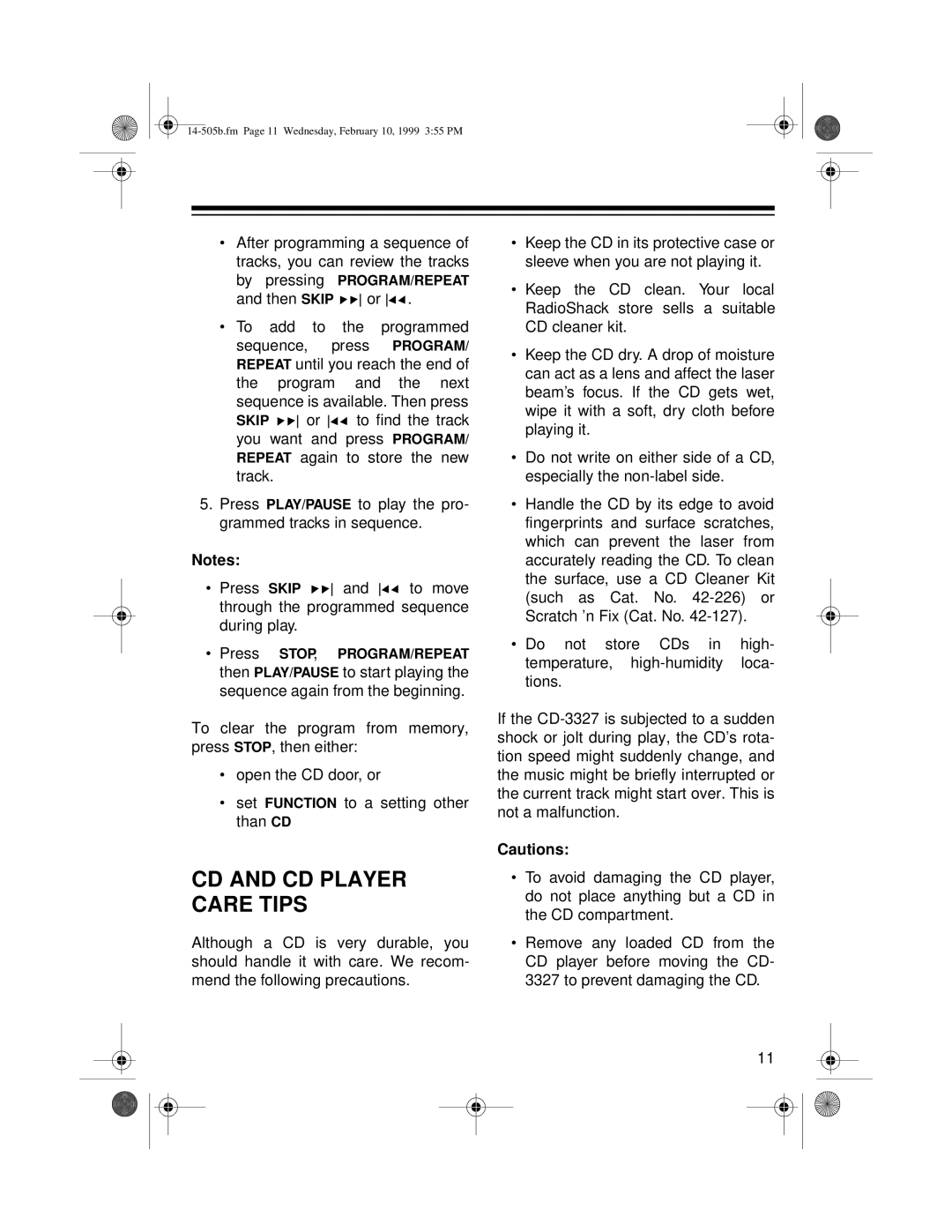 Optimus CD-3327 owner manual CD and CD Player Care Tips 