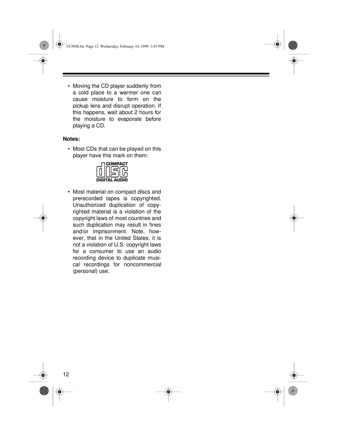 Optimus CD-3327 owner manual 14-505b.fm Page 12 Wednesday, February 10, 1999 355 PM 