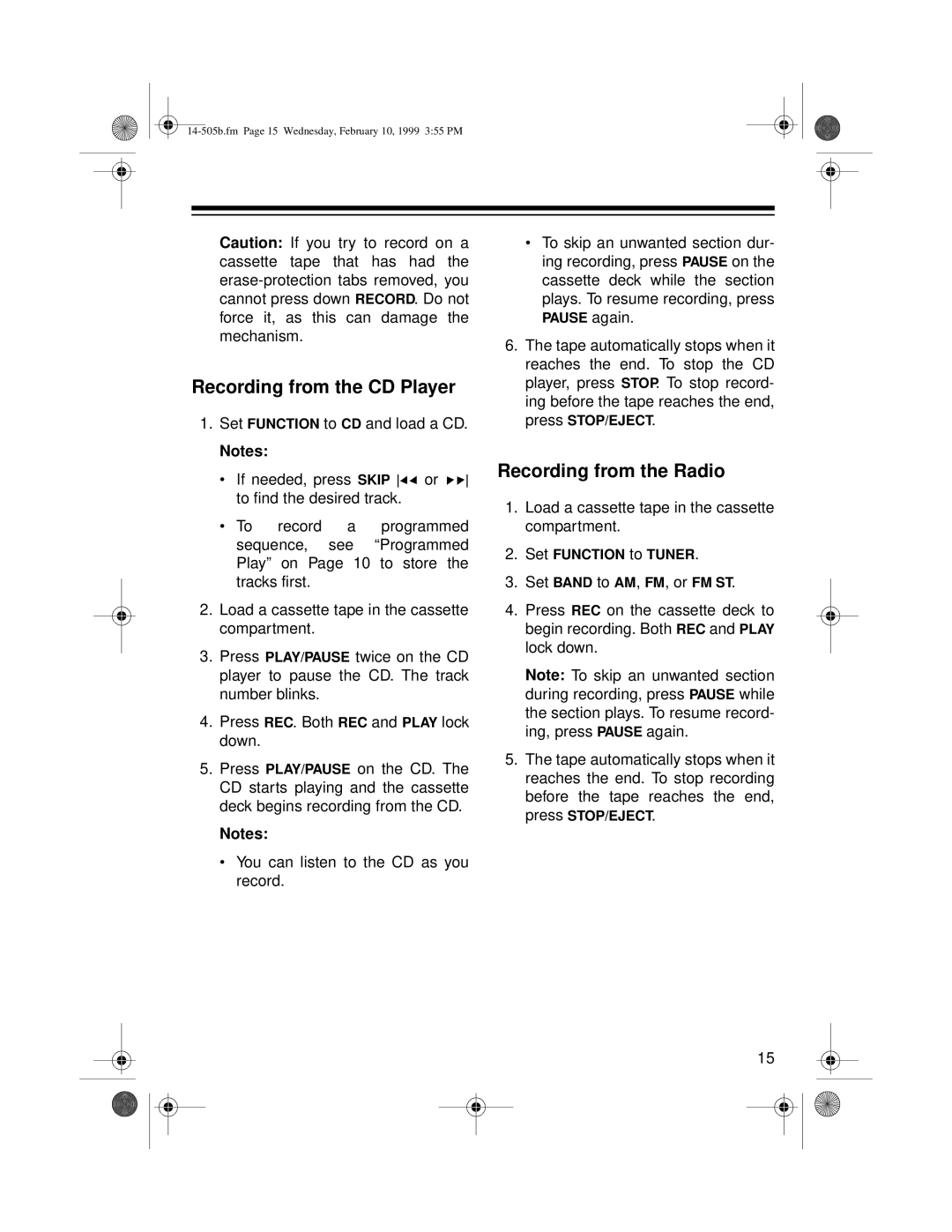 Optimus CD-3327 owner manual Recording from the CD Player, Recording from the Radio 