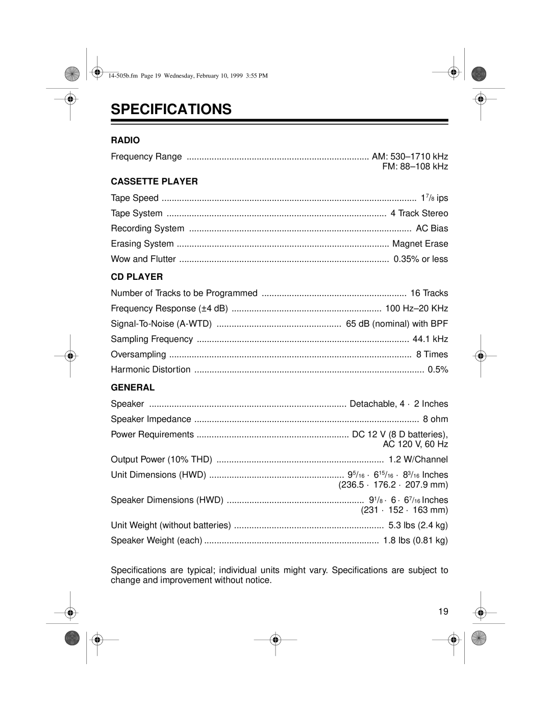 Optimus CD-3327 owner manual Specifications, Cassette Player 