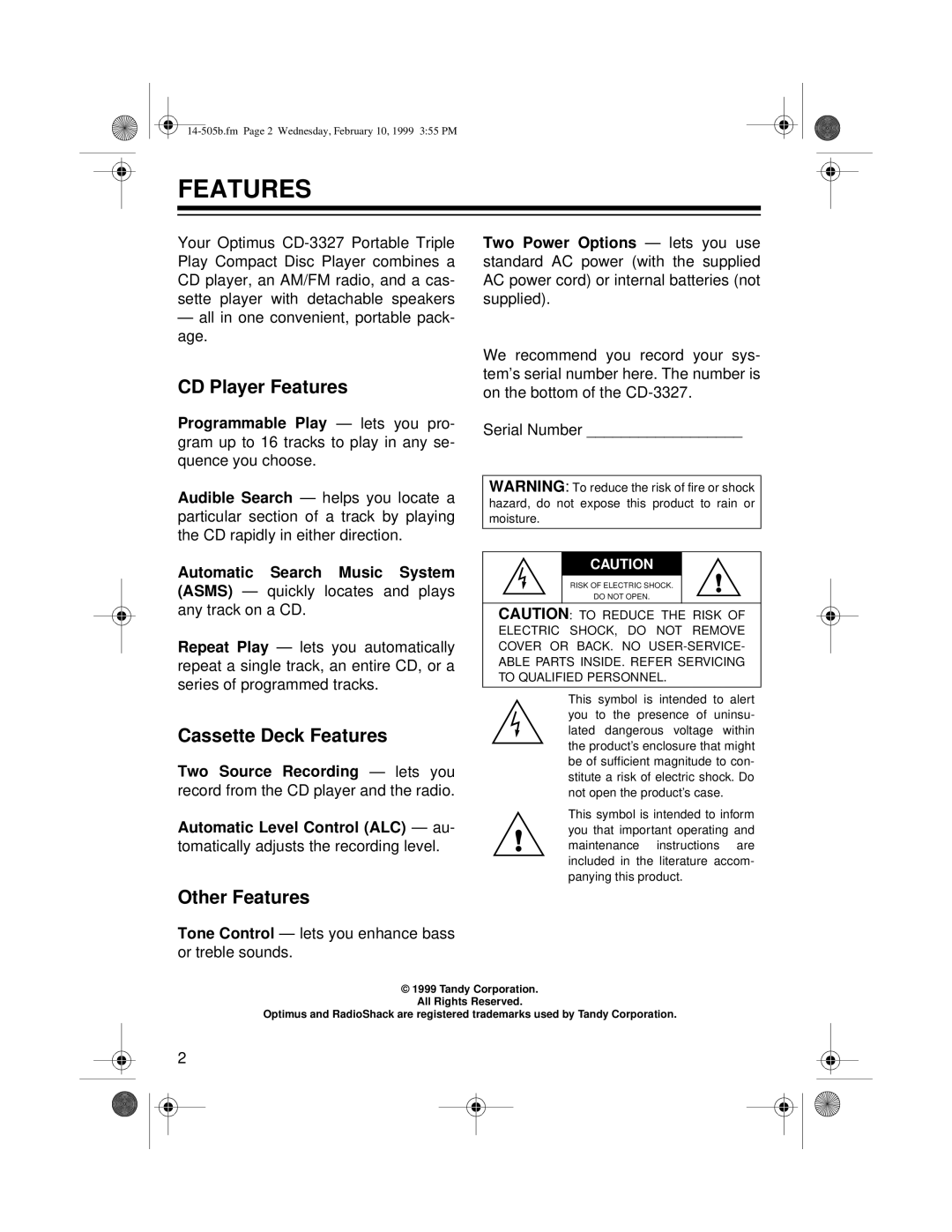 Optimus CD-3327 owner manual CD Player Features, Cassette Deck Features, Other Features 