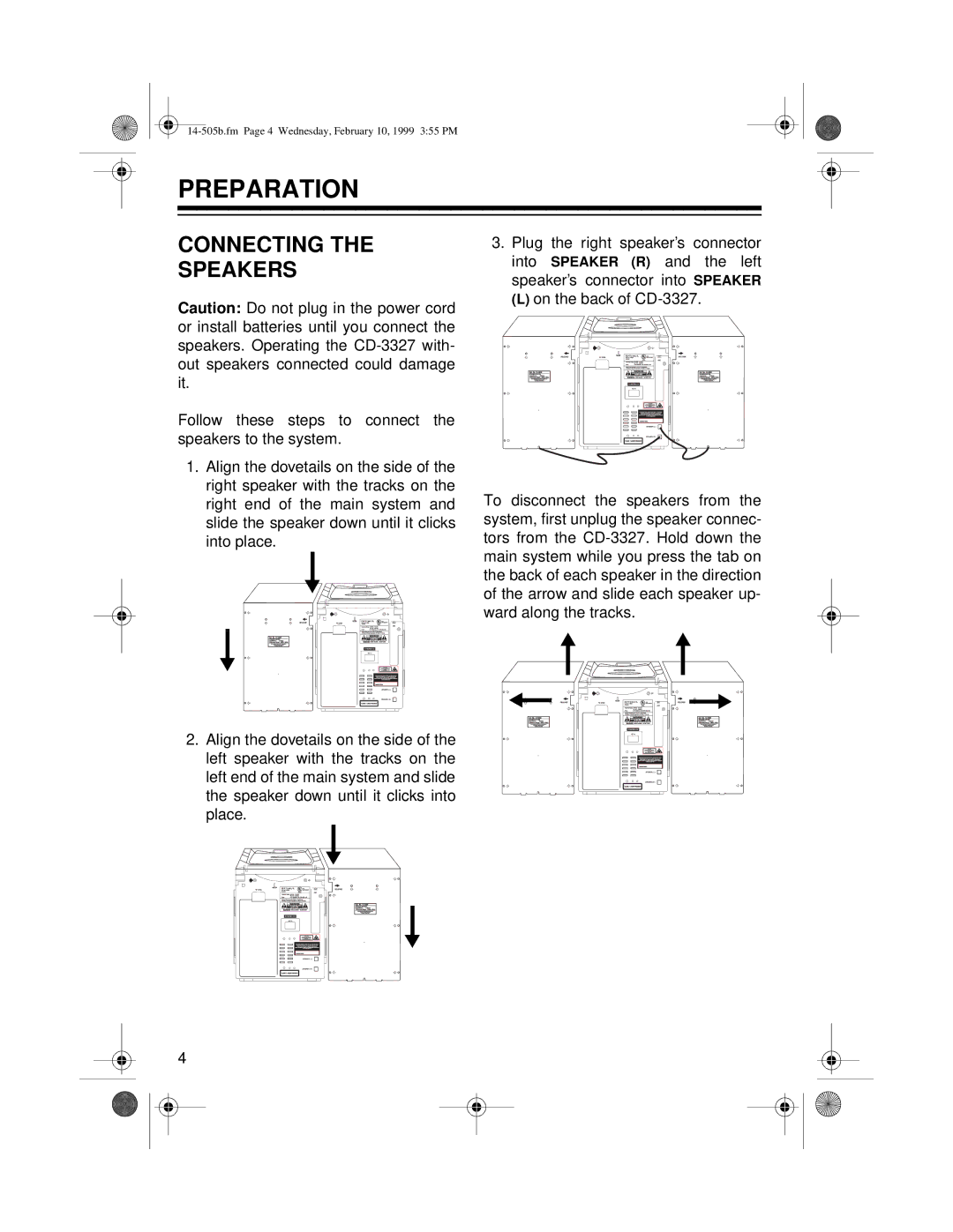 Optimus CD-3327 owner manual Preparation, Connecting Speakers 