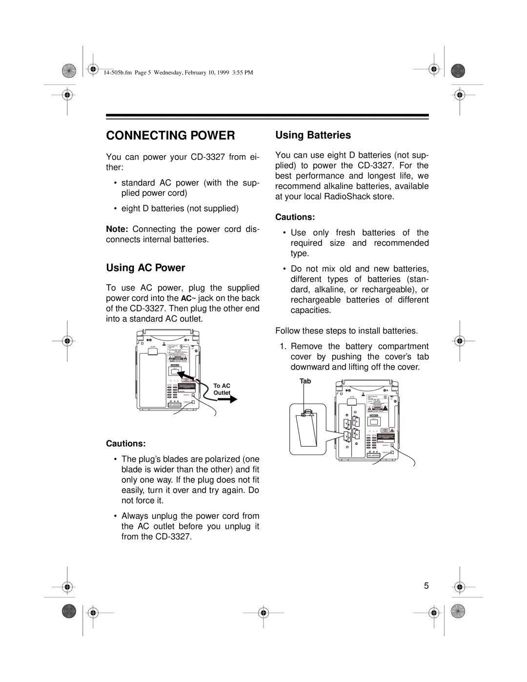 Optimus CD-3327 owner manual Connecting Power, Using AC Power, Using Batteries 