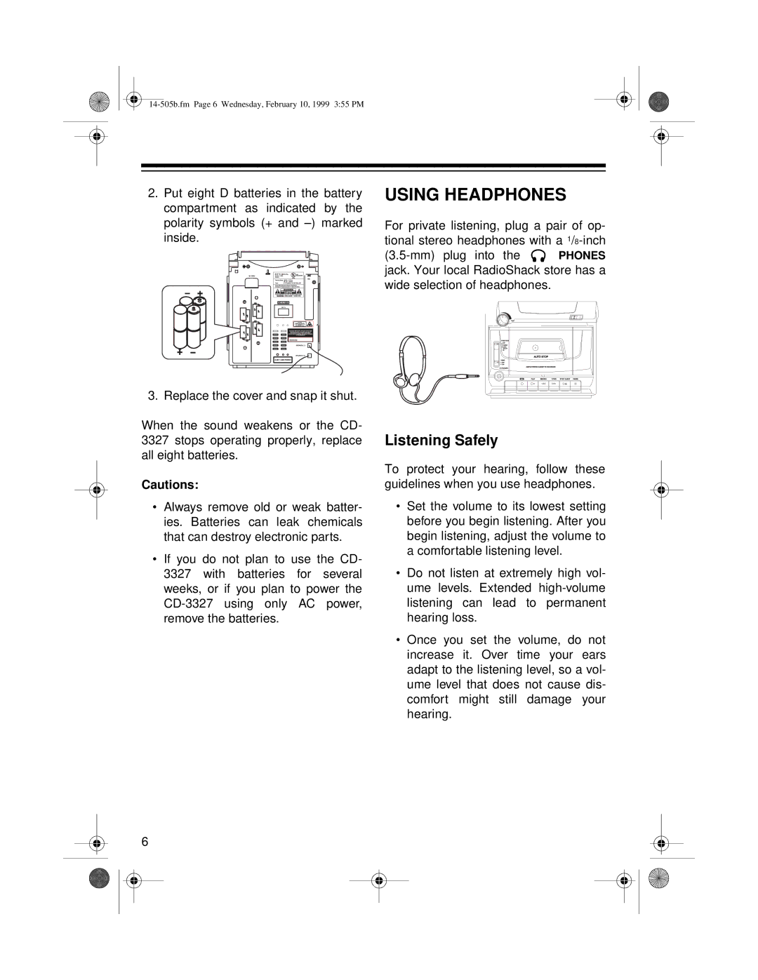 Optimus CD-3327 owner manual Using Headphones, Listening Safely 