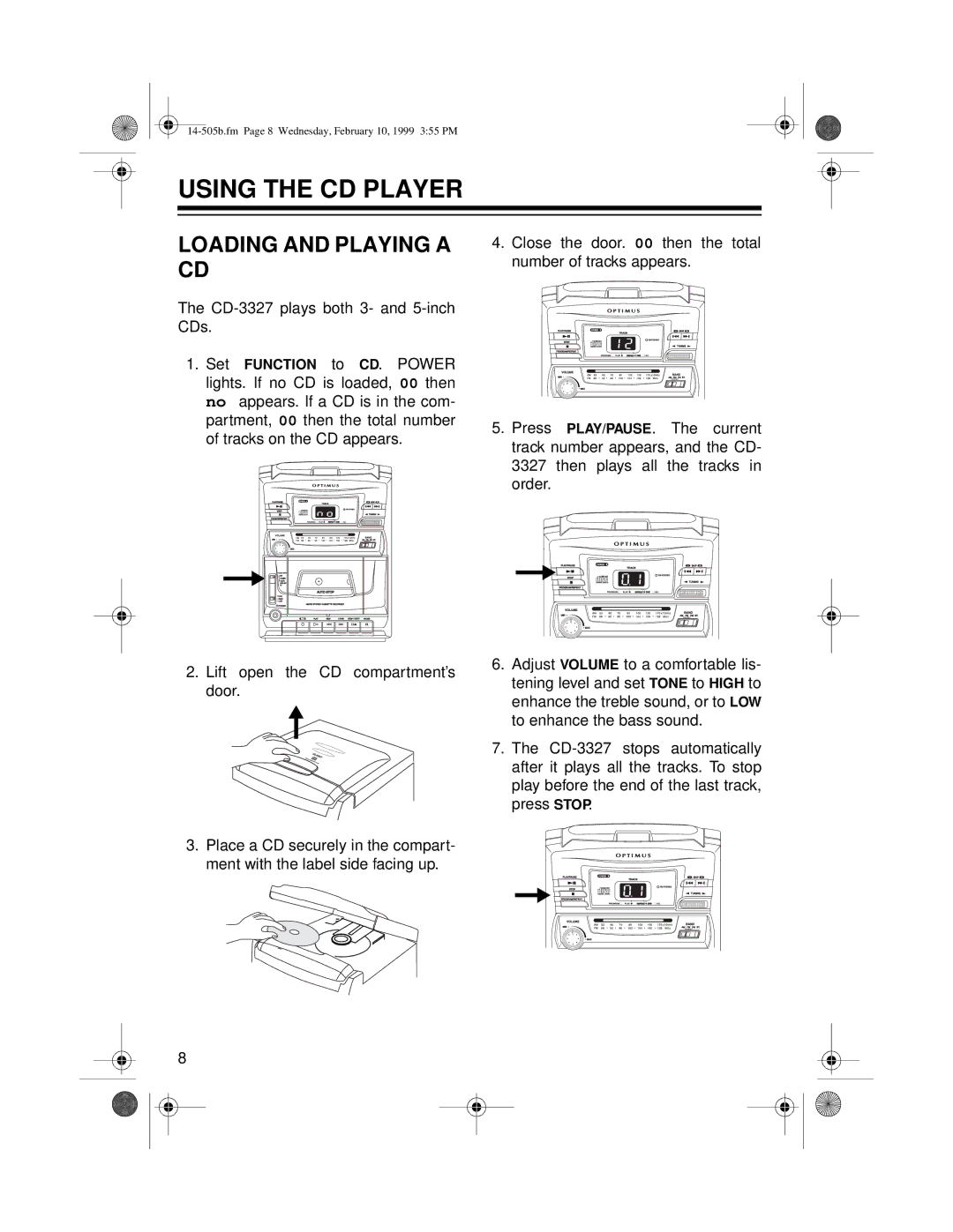 Optimus CD-3327 owner manual Using the CD Player, Loading and Playing a CD 