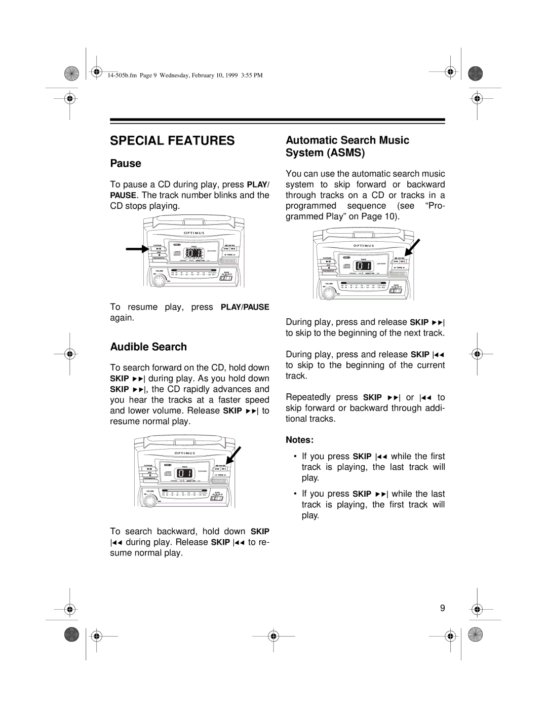 Optimus CD-3327 owner manual Special Features, Pause, Audible Search, Automatic Search Music System Asms 