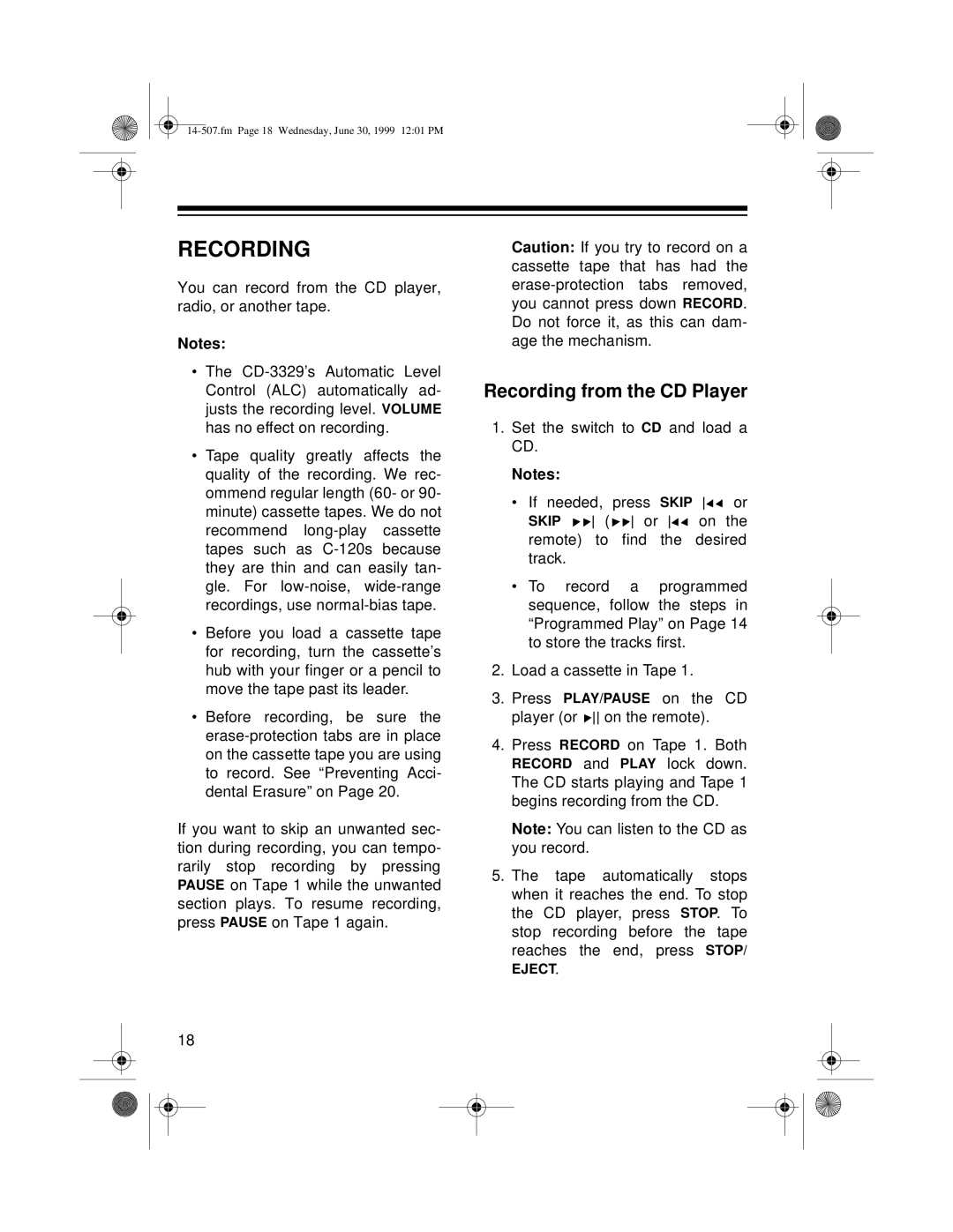 Optimus CD-3329 owner manual Recording from the CD Player 