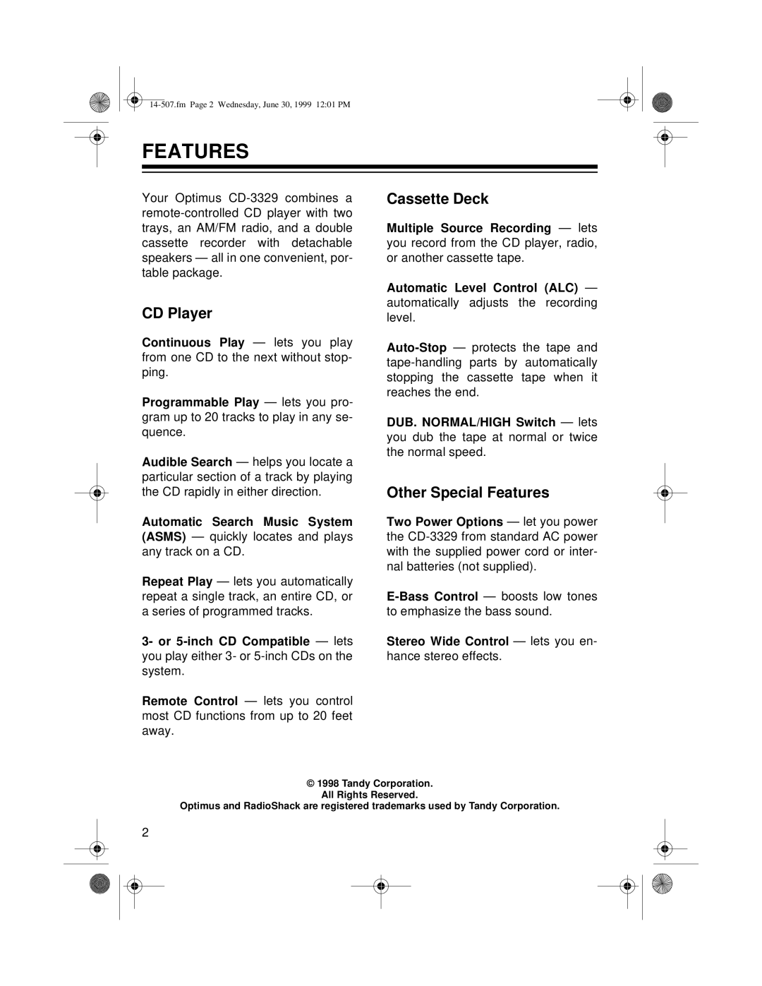 Optimus CD-3329 owner manual CD Player, Cassette Deck, Other Special Features 