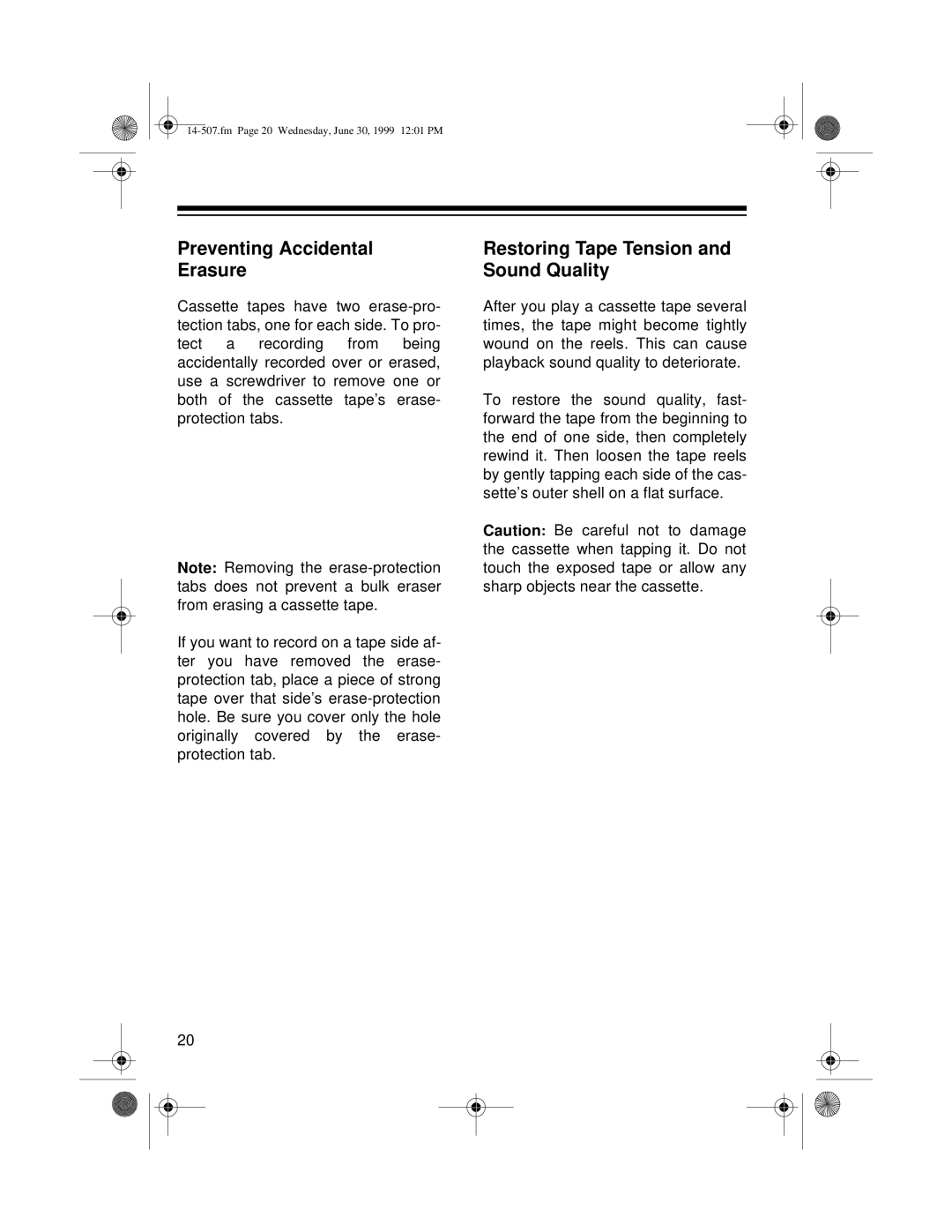 Optimus CD-3329 owner manual Preventing Accidental Erasure, Restoring Tape Tension and Sound Quality 