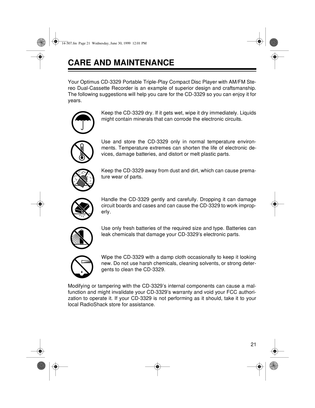 Optimus CD-3329 owner manual Care and Maintenance 