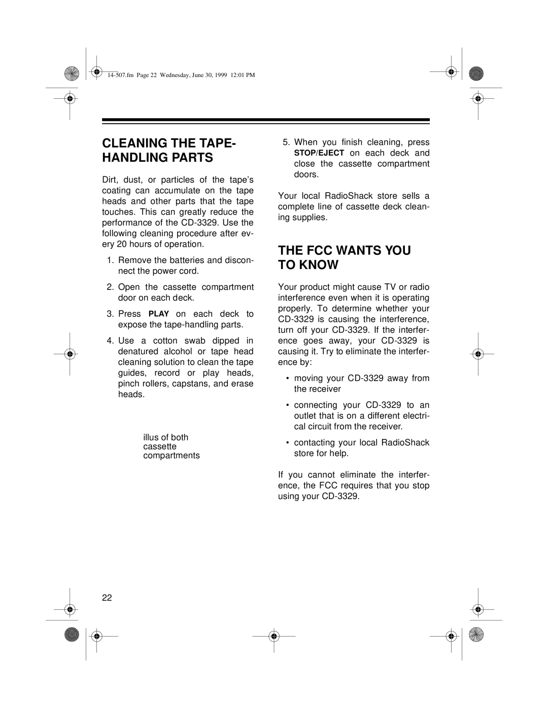 Optimus CD-3329 owner manual FCC Wants YOU to Know, Cleaning the TAPE- Handling Parts 