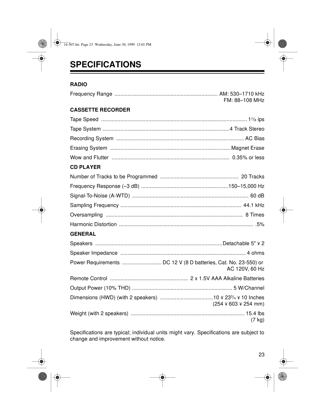 Optimus CD-3329 owner manual Specifications, Cassette Recorder 