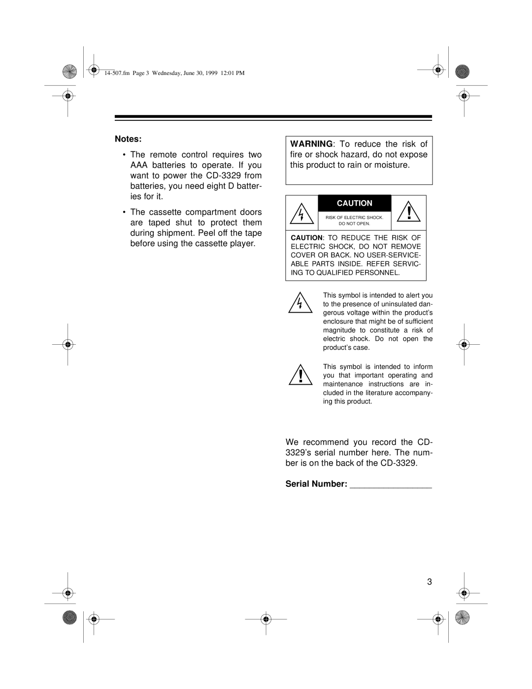 Optimus CD-3329 owner manual Fm Page 3 Wednesday, June 30, 1999 1201 PM 