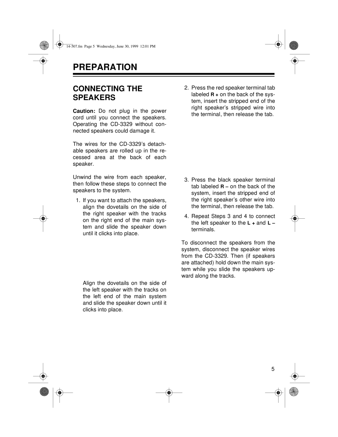 Optimus CD-3329 owner manual Preparation, Connecting Speakers 