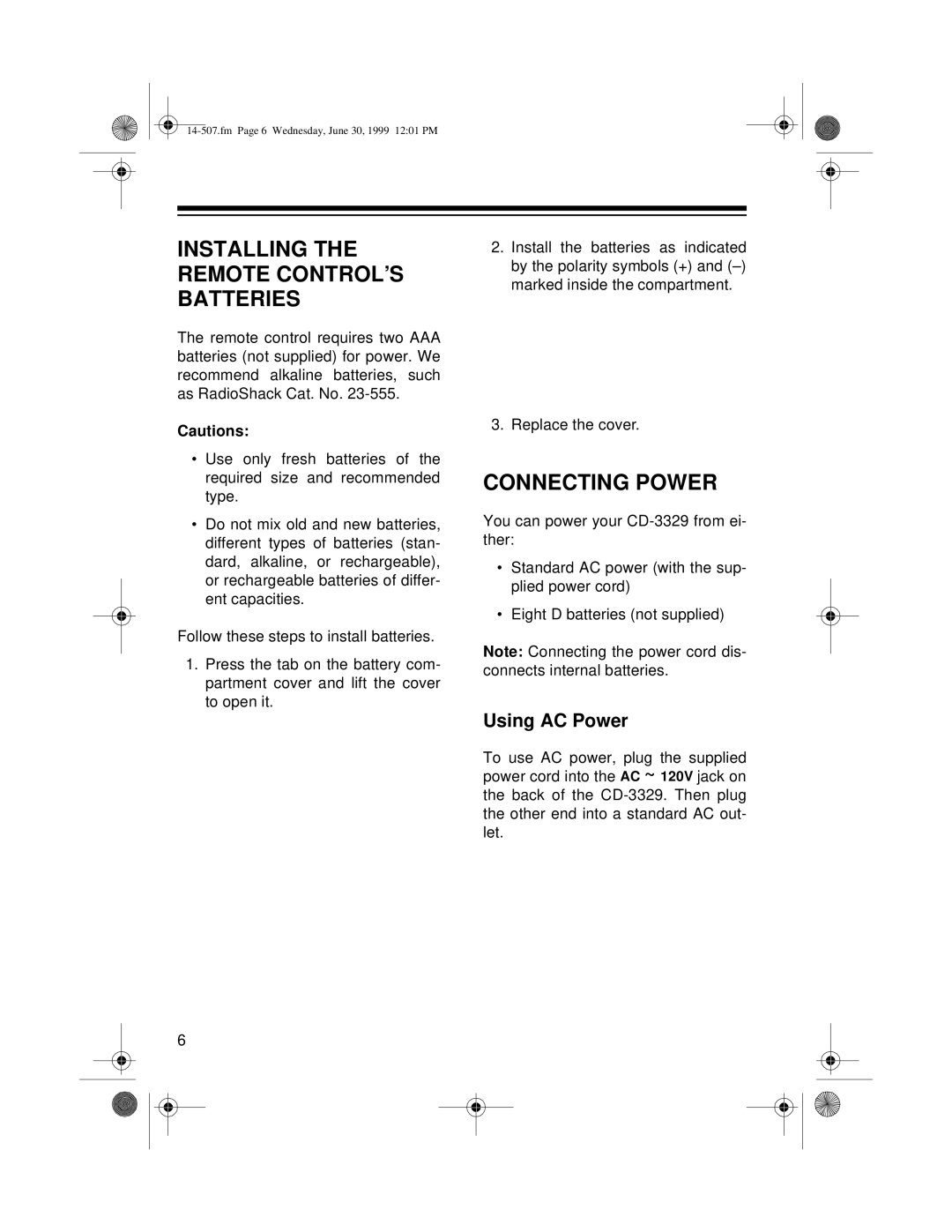 Optimus CD-3329 owner manual Connecting Power, Using AC Power 