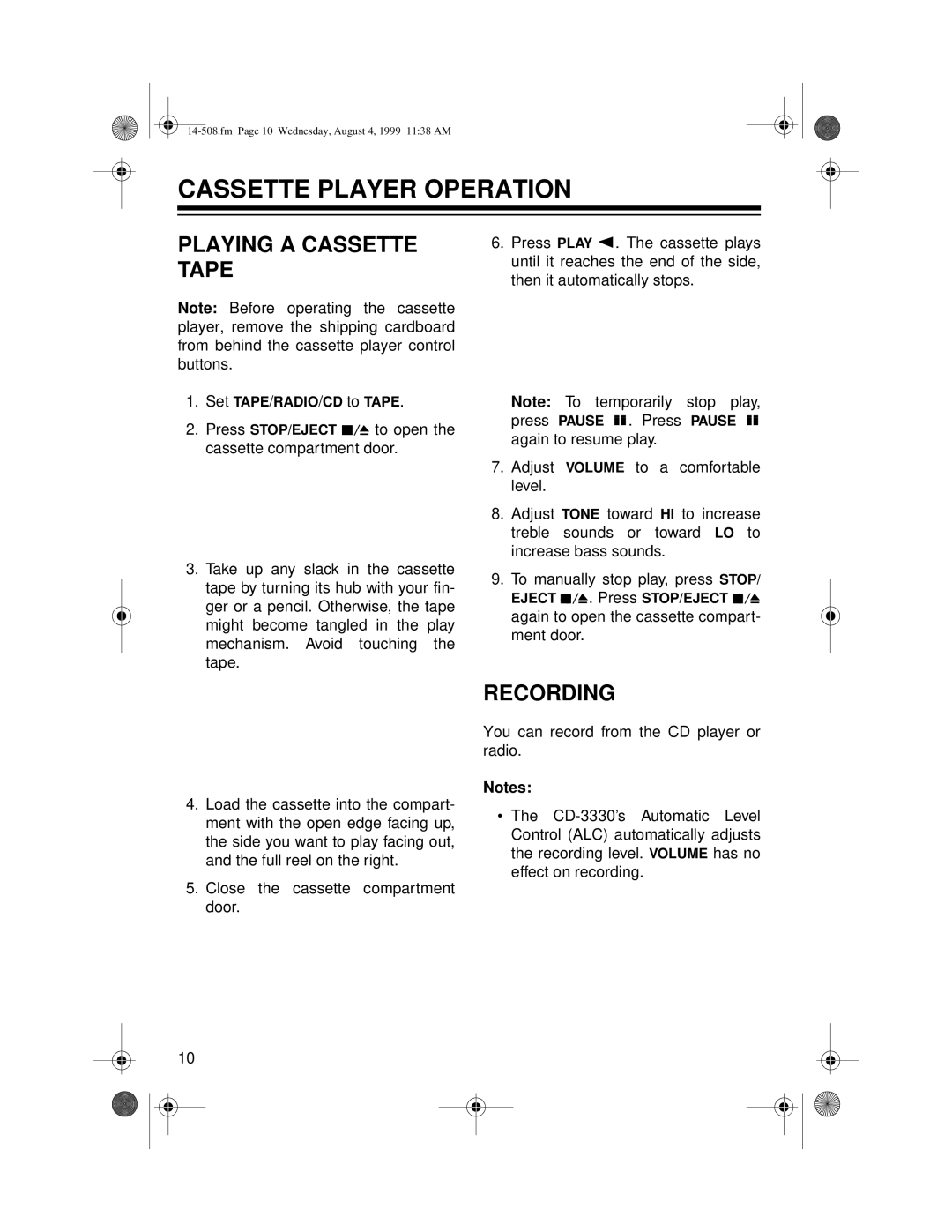 Optimus CD-3330 owner manual Cassette Player Operation, Playing a Cassette Tape, Recording 