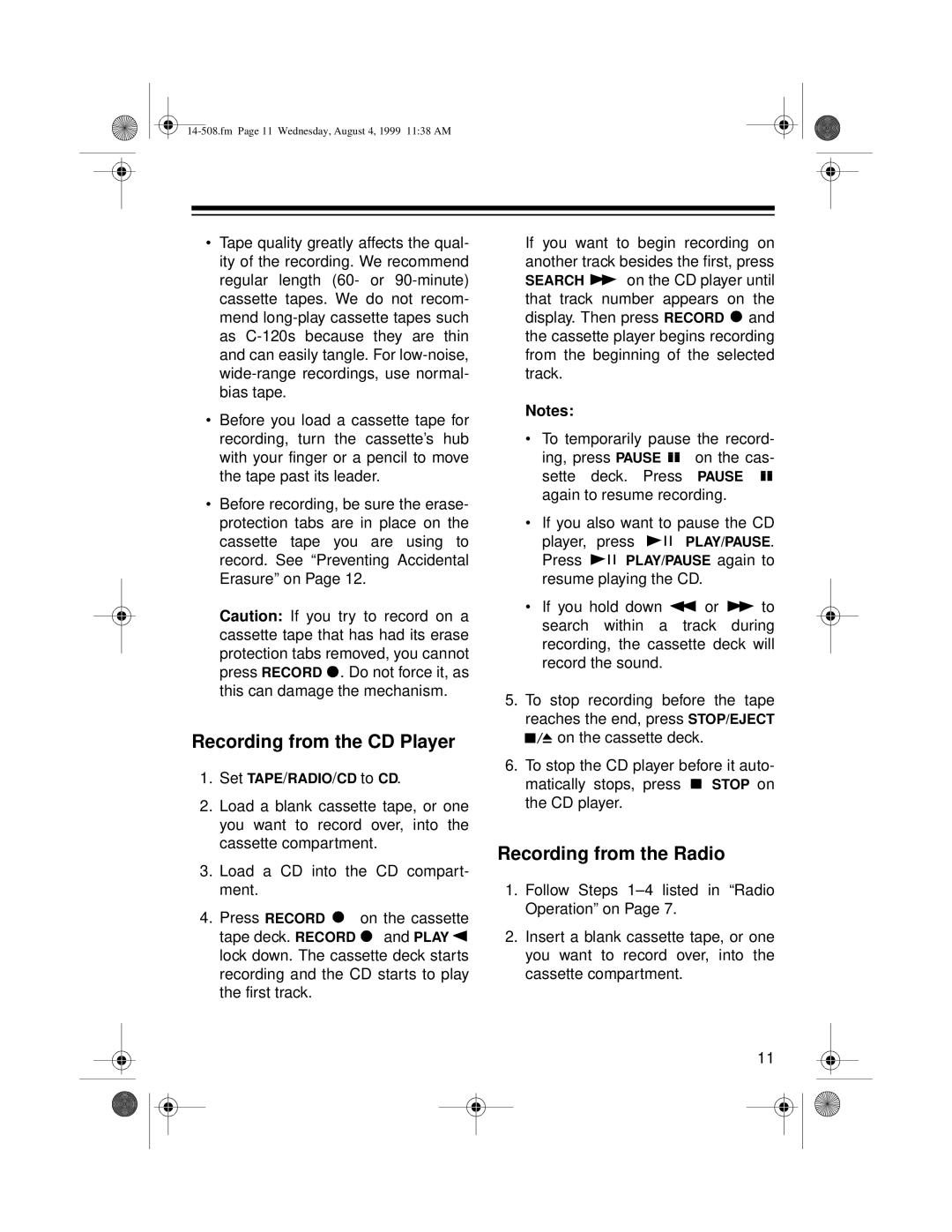 Optimus CD-3330 owner manual Recording from the CD Player, Recording from the Radio 