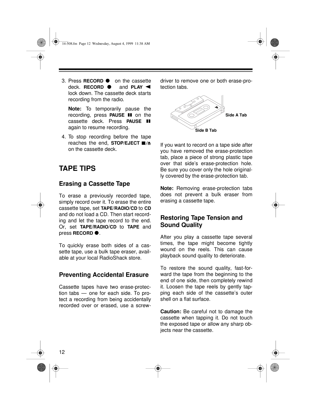 Optimus CD-3330 owner manual Tape Tips, Erasing a Cassette Tape, Preventing Accidental Erasure 