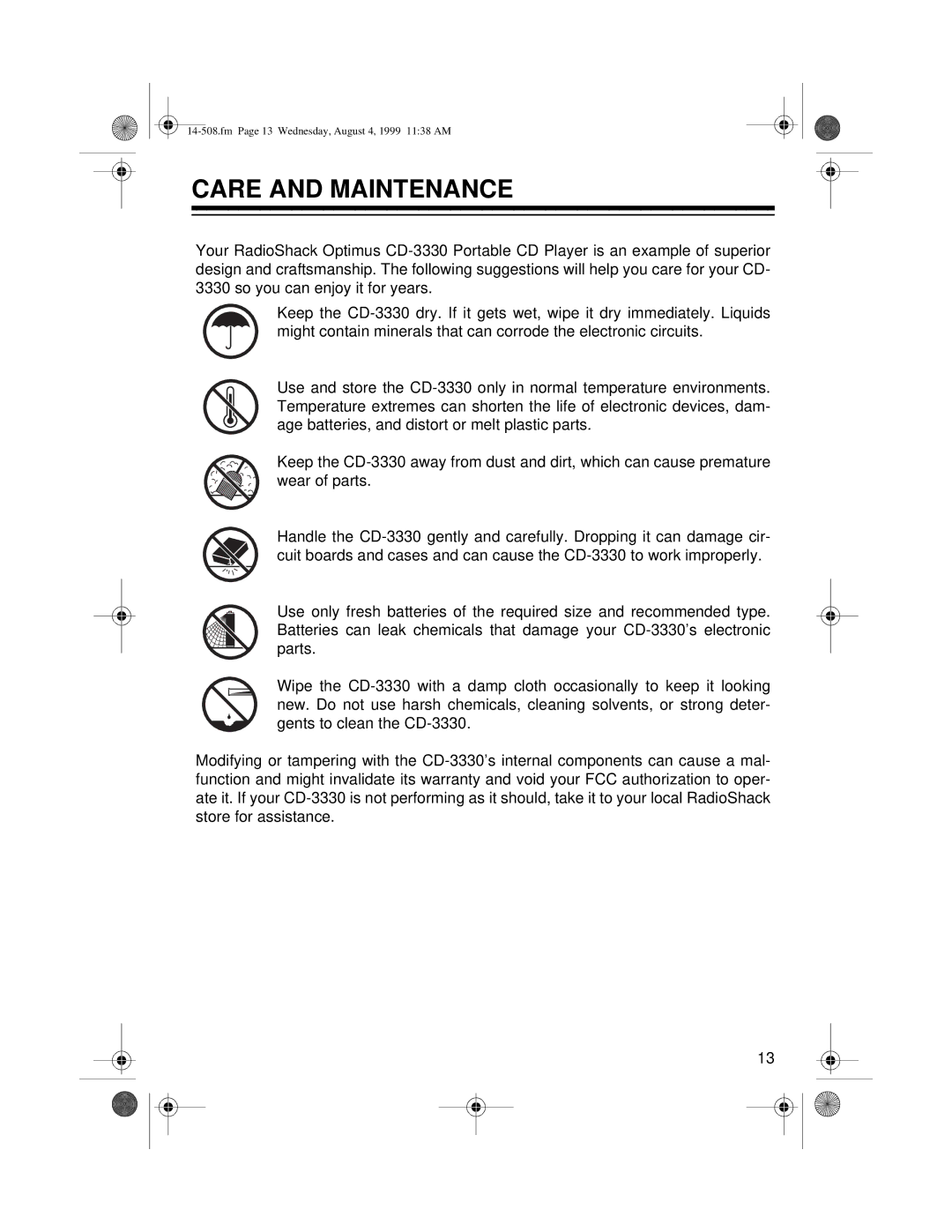 Optimus CD-3330 owner manual Care and Maintenance 