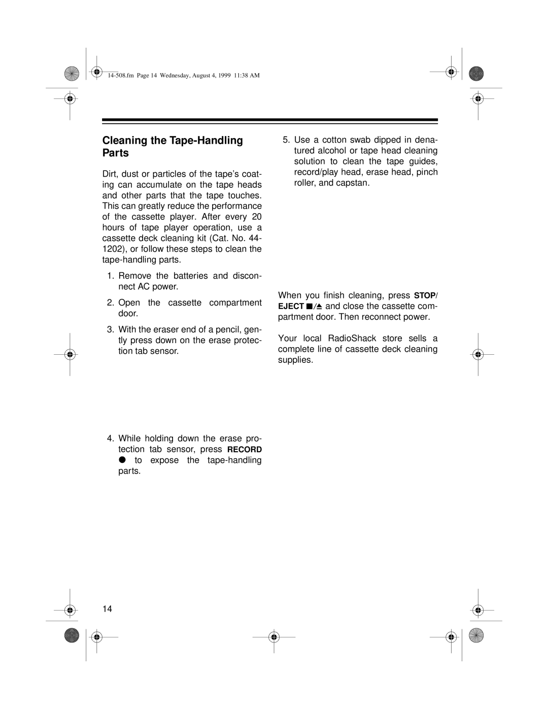 Optimus CD-3330 owner manual Cleaning the Tape-Handling Parts 