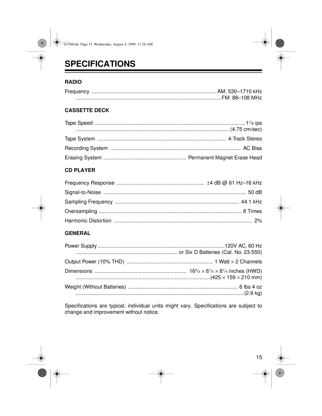 Optimus CD-3330 owner manual Specifications, Cassette Deck 